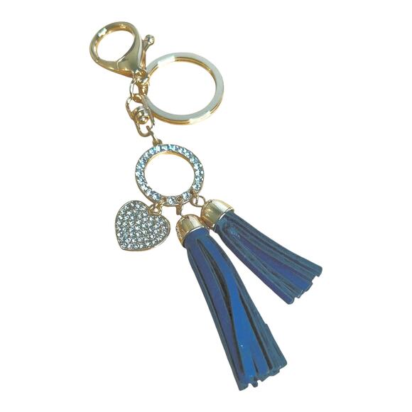 Sparkly Rhinestone Heart Navy Blue Tassels Gold Tone Keychain - Picture 1 of 4